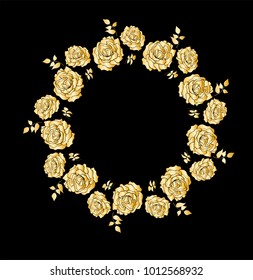 Wreath with roses flowers hand drawn isolated on black background. Round frame for invitation ,wedding, birthday card, vector illustration.
