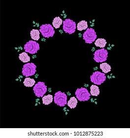 Wreath with roses flowers hand drawn isolated on black background. Round frame for invitation ,wedding, birthday card, vector illustration.
