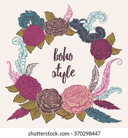 Wreath with roses flowers, leaves and feathers. Isolated elements. Vintage hand drawn vector illustration in boho style.