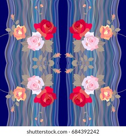 Wreath of roses flowers on waterfall background. Seamless print for fabric, paper, wallpaper. Vector illustration.

