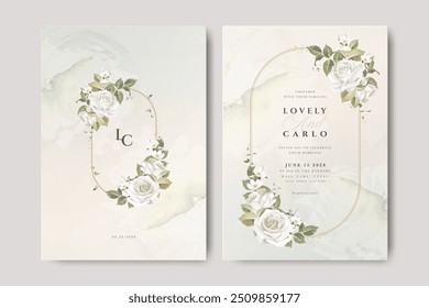 Wreath roses flowers wedding invitation card with golden line	