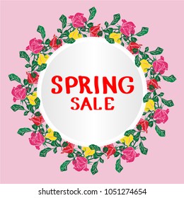 a wreath of roses and green leaves on a pink background, in the middle the inscription of the spring sale