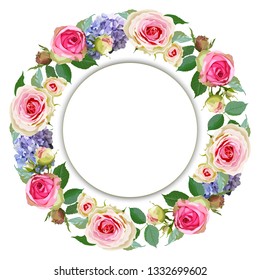 Wreath with roses and hortensia flowers. Background for text with filigree realistic flowers.Vector illustration.