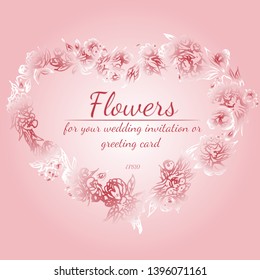 Wreath of roses or peonies flowers with azalea, pale pink and white colors. Floral frame design elements for your wedding invitation and greeting card. Hand drawn illustration. Line art. Sketch.