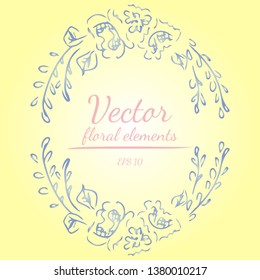 Wreath of roses or peonies flowers branches with shalimar, lemon, polo blue, azalea and white nectar colors. floral frame design elements for invitations, greeting cards, posters. Hand drawn.