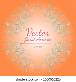 Wreath of roses or peonies flowers and branches with living coral, medium turquoise, pale turquoise and white gradient colors. floral frame design elements for invitations, greeting cards. Hand drawn.