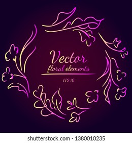 Wreath of roses or peonies flowers branches with violet, yellow and pink colors. Floral Frame Design Elements For Invitations, Greeting Cards, Posters, Blogs. Hand drawn vector illustration