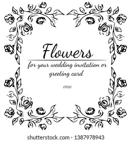 Wreath of roses or peonies flowers and branches isolated on white background. Foral frame design elements for invitations, greeting cards, posters. Hand drawn vector illustration. Line art. Sketch.