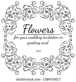 Wreath of roses or peonies flowers and branches isolated on white background. Foral frame design elements for invitations, greeting cards, posters. Hand drawn vector illustration. Line art. Sketch.