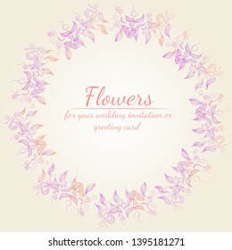Wreath of roses or peonies flowers branches with pink, purple and coral colors. Floral frame design elements for wedding invitation and greeting card. Hand drawn. Line art. Sketch.