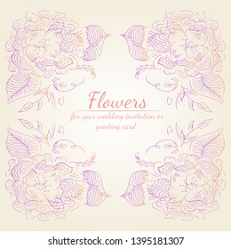 Wreath of roses or peonies flowers branches with pink, purple and coral colors. Floral frame design elements for wedding invitation and greeting card. Hand drawn. Line art. Sketch.
