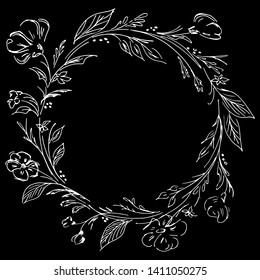 Wreath of roses or peonies flowers and branches isolated on black background. Foral frame design elements for invitations, greeting cards. Hand drawn vector illustration. Line art. Outline