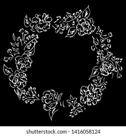 Wreath of roses or peonies flowers and branches isolated on black background. Foral frame design elements for invitations, greeting cards. Hand drawn vector illustration. Line art. Outline set.