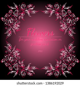 Wreath of roses or peonies flowers with gradient of razzmatazz, red, pink, antique ruby colors. floral frame fesign elements for wedding invitation and greeting card. Hand drawn. Line art. Sketch