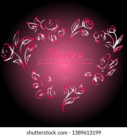 Wreath of roses or peonies flowers with gradient of razzmatazz, red, pink, antique ruby colors. floral frame fesign elements for wedding invitation and greeting card. Hand drawn. Line art. Sketch
