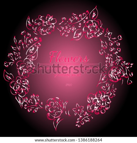 Wreath of roses or peonies flowers with gradient of razzmatazz, red, pink, antique ruby colors. floral frame fesign elements for wedding invitation and greeting card. Hand drawn. Line art. Sketch
