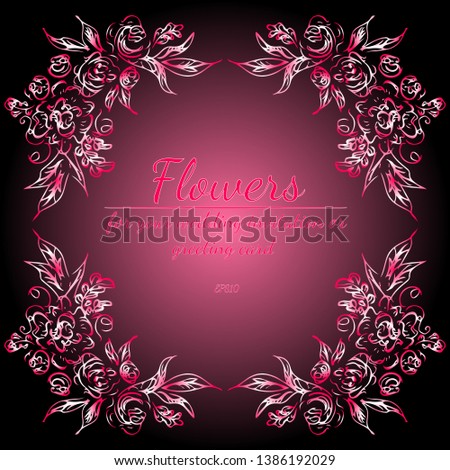 Wreath of roses or peonies flowers with gradient of razzmatazz, red, pink, antique ruby colors. floral frame fesign elements for wedding invitation and greeting card. Hand drawn. Line art. Sketch