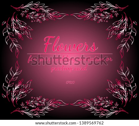 Wreath of roses or peonies flowers with gradient of razzmatazz, red, pink, antique ruby colors. floral frame fesign elements for wedding invitation and greeting card. Hand drawn. Line art. Sketch