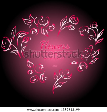 Wreath of roses or peonies flowers with gradient of razzmatazz, red, pink, antique ruby colors. floral frame fesign elements for wedding invitation and greeting card. Hand drawn. Line art. Sketch