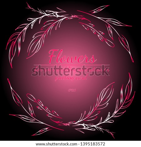 Wreath of roses or peonies flowers with gradient of razzmatazz, red, pink, antique ruby colors. floral frame fesign elements for wedding invitation and greeting card. Hand drawn. Line art. Sketch