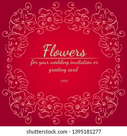 Wreath of roses or peonies flowers with red, carmine, sundown, fringy flower gradient colors. Floral frame design elements for your wedding invitation and greeting card. Hand drawn. Line art. Sketch.