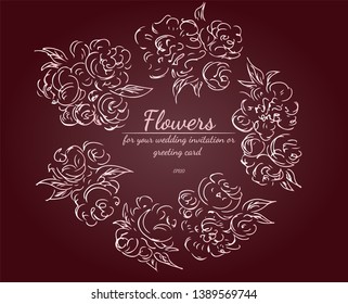 Wreath of roses or peonies flowers with rustic red, brown, chocolate and pale pink colors. Floral frame design elements for wedding invitation and greeting card. Hand drawn. Line art. Sketch.