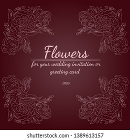 Wreath of roses or peonies flowers with rustic red, brown, chocolate and pale pink colors. Floral frame design elements for wedding invitation and greeting card. Hand drawn. Line art. Sketch.