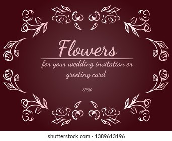 Wreath of roses or peonies flowers with rustic red, brown, chocolate and pale pink colors. Floral frame design elements for wedding invitation and greeting card. Hand drawn. Line art. Sketch.
