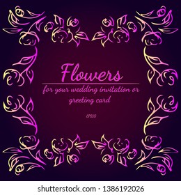 Wreath of roses or peonies flowers with violet, yellow and pink colors. Floral Frame design elements for your wedding invitation and greeting card. Hand drawn vector illustration. Line art. Sketch