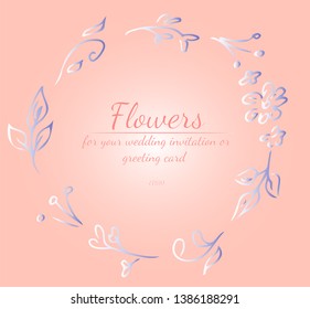 Wreath of roses or peonies flowers with your pink, living coral, blue and white gradient colors. Floral frame design elements for invitations and greeting cards. Hand drawn. Line art. Sketch.