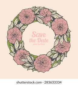  Wreath of roses, peonies. Vector. Hand drawn artwork. Love concept for wedding invitations, cards, tickets, congratulations, branding, boutique logo, label. Beige, pink, olive green dark grey color 