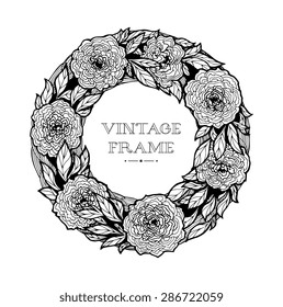Wreath of roses, peonies. Vector. Hand drawn artwork. Love concept for wedding invitations, cards, tickets, congratulations, branding, boutique logo, label. Doodle 