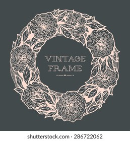 Wreath of roses, peonies. Vector. Hand drawn artwork. Love concept for wedding invitations, cards, tickets, congratulations, branding, boutique logo, label. Beige, pink, dark grey, black.