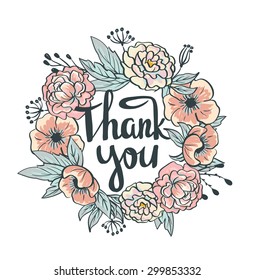 Wreath of roses, peonies. Vector. Hand drawn artwork. Thank you card.