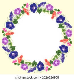  wreath round for congratulation on a yellow background with a white center decorated with a pattern of intertwining flowers of blue, pink and purple bindweed and green leaves and stems in a vector