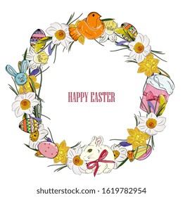wreath, round frame with daffodils, Easter eggs, rabbit and Easter cake. Spring flowers, yellow and white daffodils. Hand drawing isolated.for easter, cards, invitations, packaging