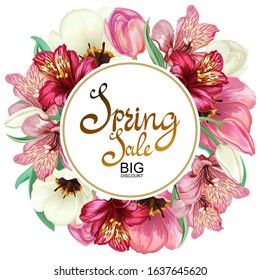 Wreath, round frame of flowers of tulips, Alstroemeria, lilies. Spring greeting card wedding, happy birthday, happy Valentine's Day, March 8, advertising, sales, discounts, labels.