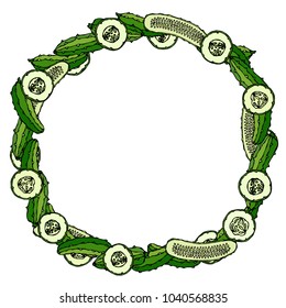 Wreath or Round Frame with Green Cucumbers or Gherkin, Cucumber Slices and Halves with Seeds. Fresh Ripe Vegetable Salad. Healthy Vegetarian Menu. Hand Drawn Vector Illustration. Savoyar Doodle Style.
