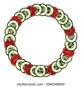 Wreath or Round Frame with Green Cucumbers and Tomato Slices with Seeds Arranged Like Domino. Fresh Ripe Vegetable Salad. Healthy Vegetarian Menu. Hand Drawn Vector Illustration. Savoyar Doodle Style.