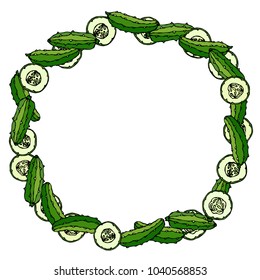 Wreath or Round Frame with Green Cucumbers or Gherkin, Cucumber Slices with Seeds. Fresh Ripe Vegetable Salad. Healthy Vegetarian Menu. Hand Drawn Vector Illustration. Savoyar Doodle Style.