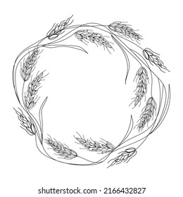 Wreath Round frame made of wheat or rye ears sketch drawing vector illustration isolated on white background.Outline frame with place for text,border hand drawn in Doodle style, black and white 