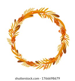wreath, round frame with orange leaves and berries. Autumn, forest design for packaging, invitations, cards.