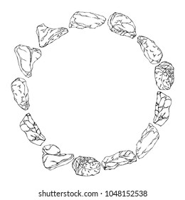 Wreath Round Frame of Popular Steak Types. Beef Cuts Set. For Butcher Shop or Steak House Restaurant Menu. Hand Drawn Illustration. Savoyar Doodle Style. Porterhouse, T-bone, New York Strip, Rib Eye.