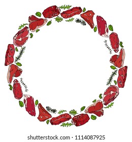 Wreath Round Frame of Popular Steak Types.Steak House Restaurant Menu. Hand Drawn Illustration. Savoyar Doodle Style. Porterhouse, T-bone, New York Strip, Rib Eye.