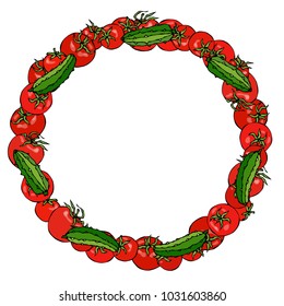 Wreath or Round Frame with Red Tomato and Green Cucumber or Gherkin. Fresh Ripe Vegetable Salad. . Healthy Vegetarian Menu. Ketchup Logo Hand Drawn Vector Illustration. Savoyar Doodle Style.
