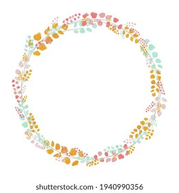 Wreath, round frame with twigs and flowers. Vector imitation of watercolor. For the design of cards, invitations, packaging