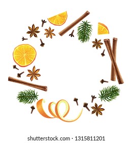 Wreath. Round garland of spices, orange and fir. Christmas decoration. Vector illustration. Different group objects. A group of individual elements. Ingredients of mulled wine.