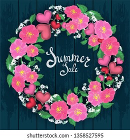 Wreath round of pink and white flowers with hearts on a wooden background. Greeting card with wedding day, birthday and Valentine's Day. Summer sale, big discount,  cosmetics label.