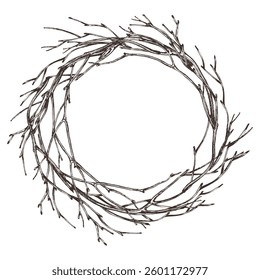 Corona redonda tejida de ramas de árbol con ramitas delgadas, sin hojas. Para decorar primavera, verano, otoño, cosecha. Gráfico arte de línea dibujado a mano con tinta negra. Guirnalda redonda, marco, Plantilla para texto.