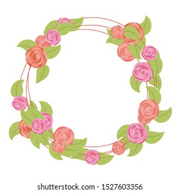 wreath of rounded pink and red roses with green leaves isolated on white background